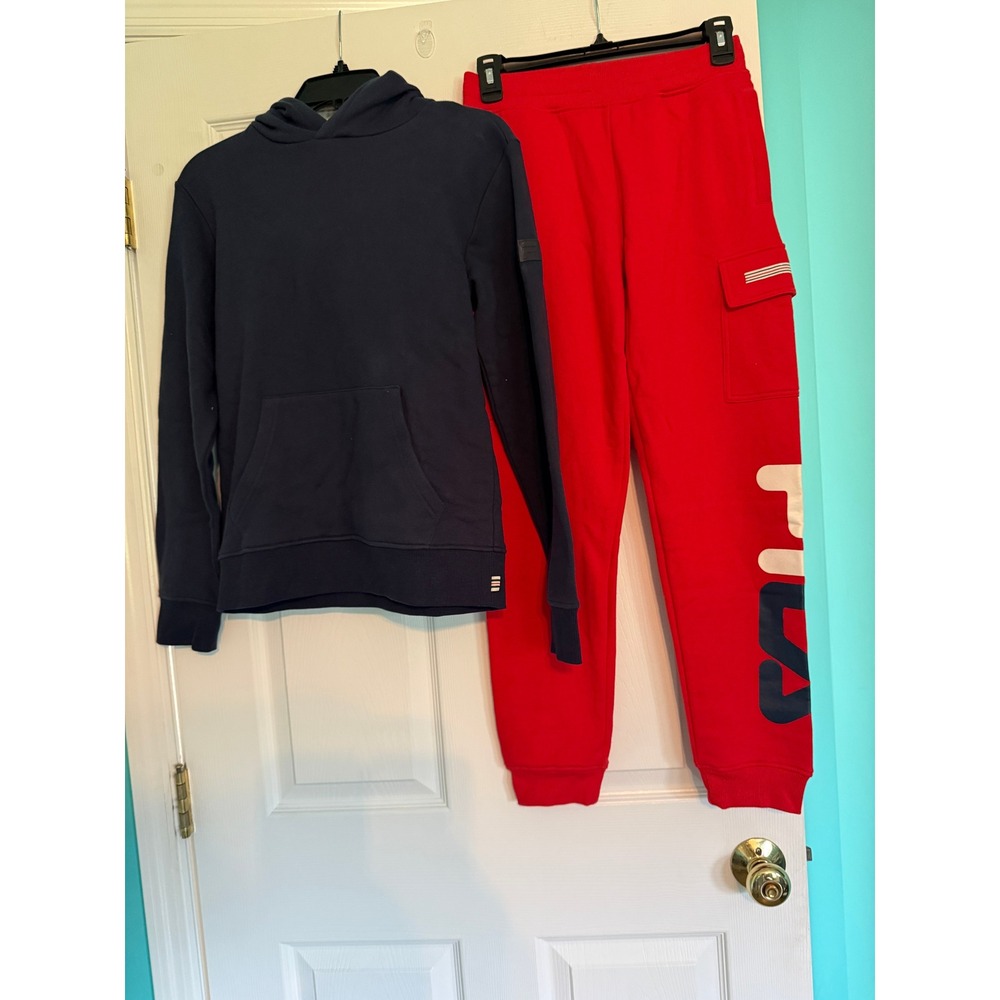 Fila Kids Navy Blue Hoodie and Red Cargo Jogger Pants Tracksuit Set Size Medium